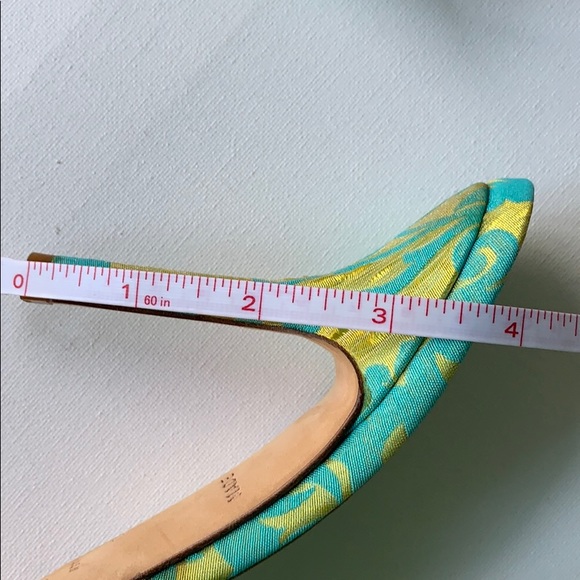 Kate Spade Bow Heel Green Blue Brocade Sandals - Picture 12 of 16